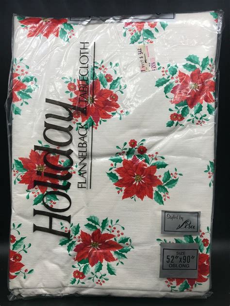 Vintage Flannel Back Vinyl Tablecloth Christmas Poinsettia 52 X 90