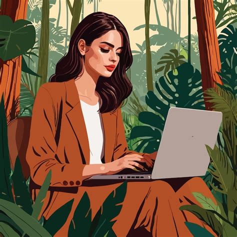 Mulher Trabalhando Em Laptop No Meio Da Selva Indicando Trabalho Remoto