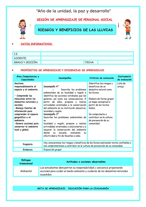 Sesion Riesgos Y Beneficios DE LAS Lluvias SESIÓN DE APRENDIZAJE DE