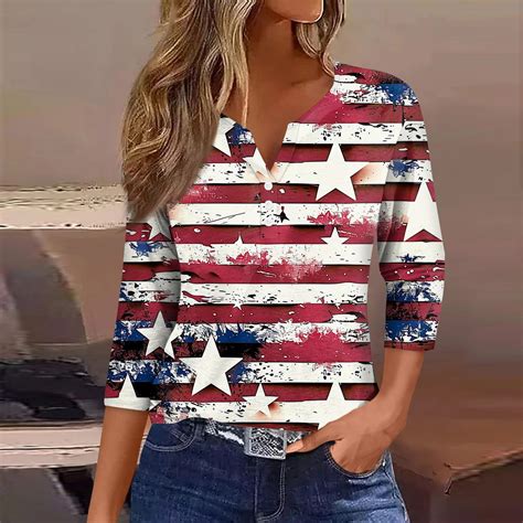 Dengdeng 4th Of July Shirts For Women Casual 34 Sleeve Usa Flag Print Patriotic Tunic Tops 2024