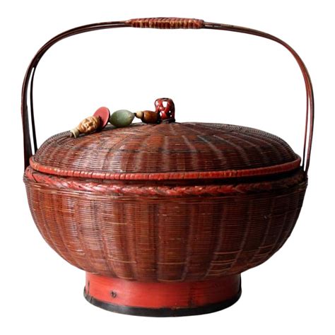 Sewing Vintage Bamboo Chinese Sewing Basket With Lid Caddies And Holders