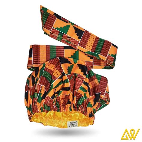 Premium African Print Head Wrap Yellow Green Kente