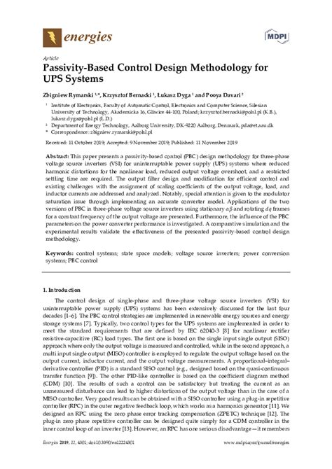 Pdf Passivity Based Control Design Methodology For Ups Systems