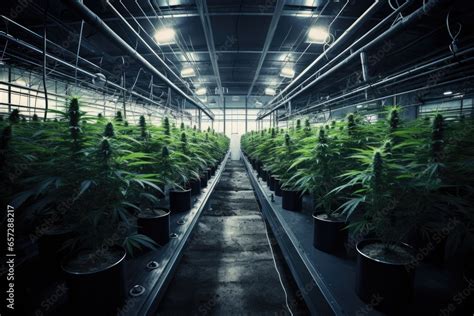 A surreal, dreamlike indoor cannabis farm with tall, bushy plants under ...