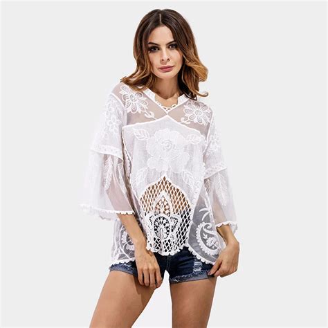 MOONIGHT One Size Woman Print Blouses Sexy Lace Hollow Out Long Sleeve