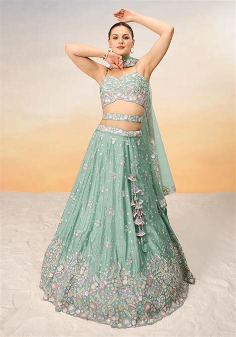 Buy Women Sea Green Sequin Embroidered Lehenga Set Lehenga Set Indya