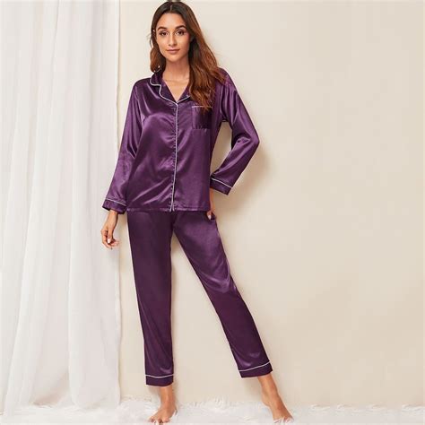 Contrast Binding Satin Pajama Set Satin Pyjama Set Satin Pajamas