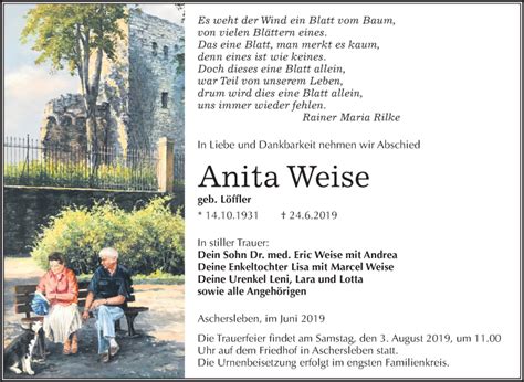 Traueranzeigen Von Anita Weise Abschied Nehmen De