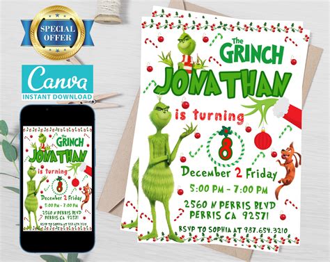 Editable The Grinch Birthday Invitation Template Printable Etsy