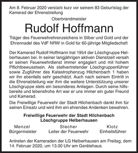 Traueranzeigen Von Rudolf Hoffmann 57trauer De