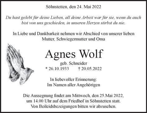 Traueranzeigen Von Agnes Wolf Trauer Hz De