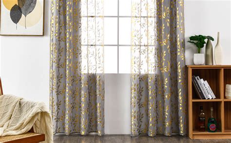 Deeprove Sheer Curtains 84 Inches Long 2 Panels Set Gold Foil Metallic Vine Leaves Print Window