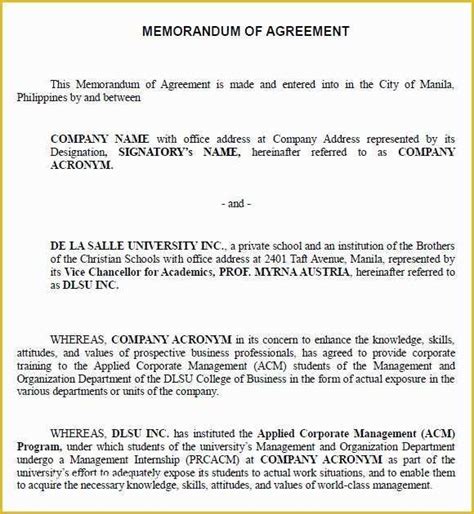 Free Sample Memorandum Of Understanding Template Of Memorandum Of