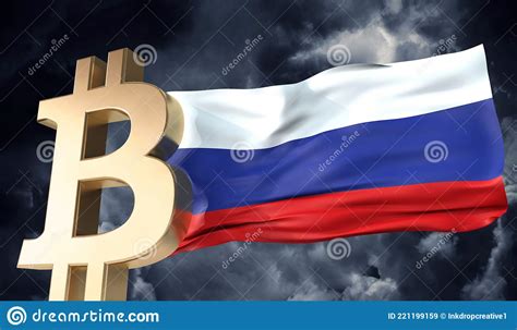 Gold Bitcoin Cryptocurrency With A Waving Russia Flag 3D Rendering