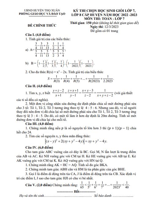 Đề học sinh giỏi Toán 7 năm 2022 2023 phòng GD ĐT Thọ Xuân Thanh