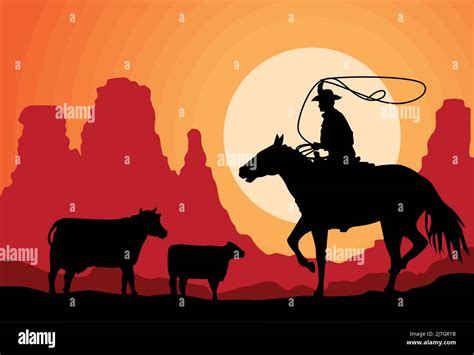 cowboy with cows silhouette Stock Vector Image & Art - Alamy