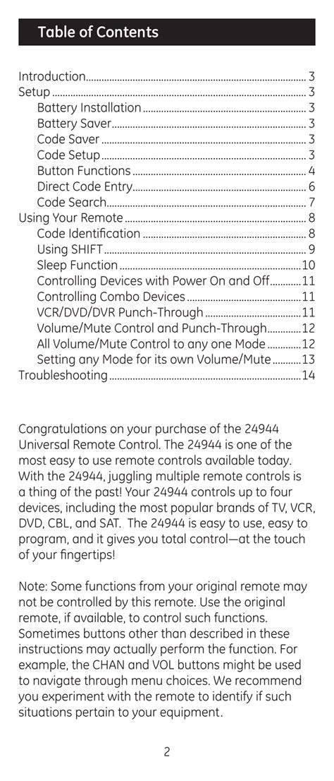 Ge Universal Remote Instruction Manual