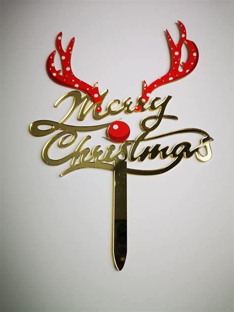 Merry Christmas Acrylic Cake Topper Mirror Gold Xmas Reindeer Antlers