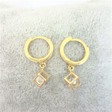 K Real Solid Gold Cube Dangle Drop Hoop Earrings For Women