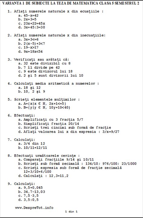 Teza Matematica Clasa 5 Sem 2 Varianta 1