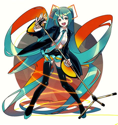 初音ミク「町上ヨウさんのミクさんマイクを持って、カッコよく何かを歌唱中ツインテールが「」piaproピアプロのイラスト