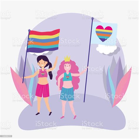 Pride Parade Lgbt Community Girls With Colored Clothes And Flags Celebration Stock Illustration