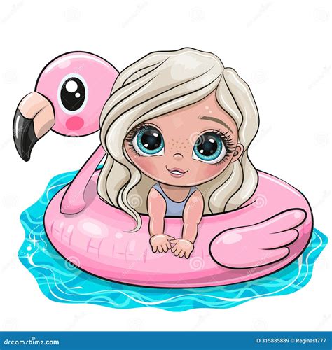 Cartoon Girl Swimming On Pool Ring Inflatable Flamingo Stock Vector