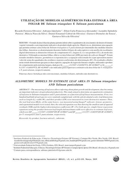 Pdf Utiliza O De Modelos Alom Tricos Para Estimar A Rea Foliar De