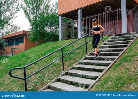 Female Athlete Going Down Stairs Outdoors Stock Image Image Of