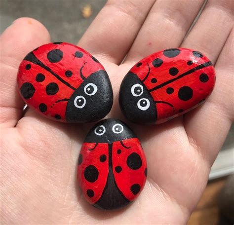 Set Of 4 Hand Painted Rocks Ladybug And Bee Rocks Acrylic Painting