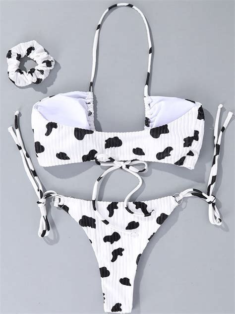 2021 Velvet Cow Print Halter Bikini Set White M In Bikini Sets Online