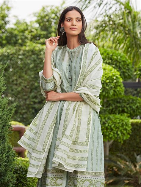 Buy Olive Green Hand Block Printed Chanderi Silk Suit Set Of 3