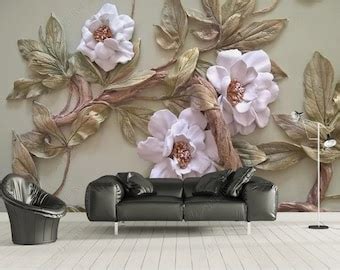 D Embossed White Flowers Tree Wallpaper Wall Mural Creative Etsy Ireland