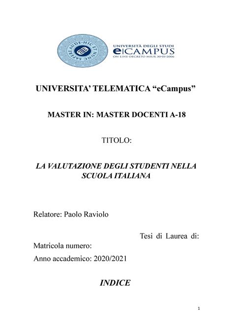 TESI Pedagogia Master A 18 UNIVERSITA TELEMATICA ECampus MASTER