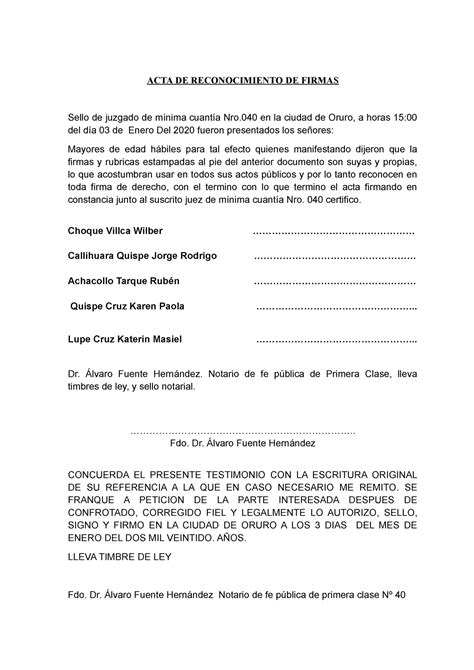 ACTA DE Reconocimiento DE Firmas 1 ACTA DE RECONOCIMIENTO DE FIRMAS