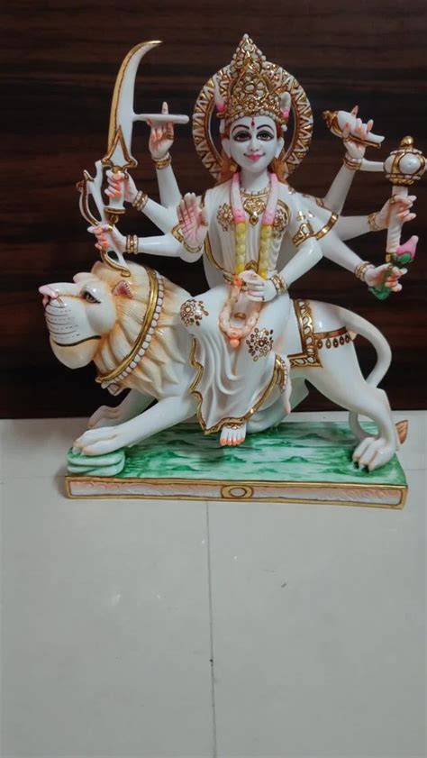 Painted Hindu White Marble Durga Maa Statue For Worship Size Inch