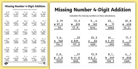 4 Digit Missing Number Addition Worksheet Worksheet