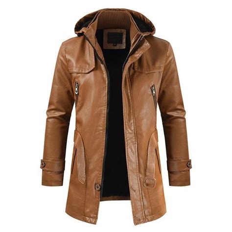 Kaki Blouson en cuir Pu à capuche pour homme vêtement de qualité Slim