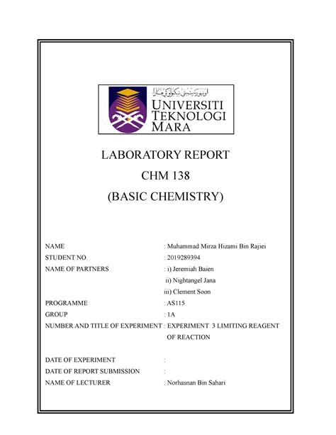 Lab Reports Chm138 Experiment 3 LABORATORY REPORT CHM 138 BASIC