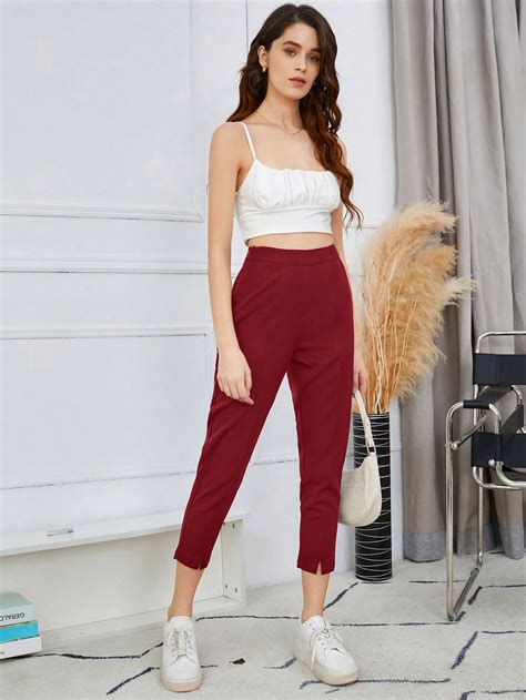 SHEIN Essnce Solid Slant Pocket Split Hem Cropped Pants SHEIN USA