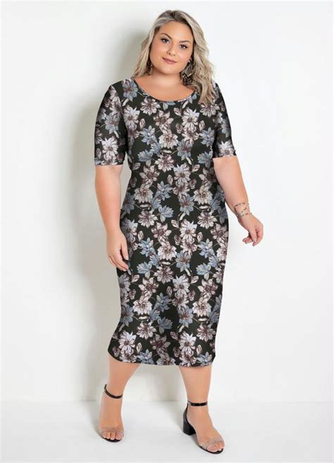 Vestido Floral Preto Midi Tubinho Plus Size Marguerite