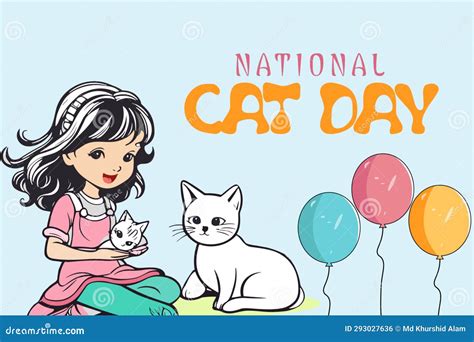 National Cat Day Banner Little Girl Playing With Cute Cat And Balloons