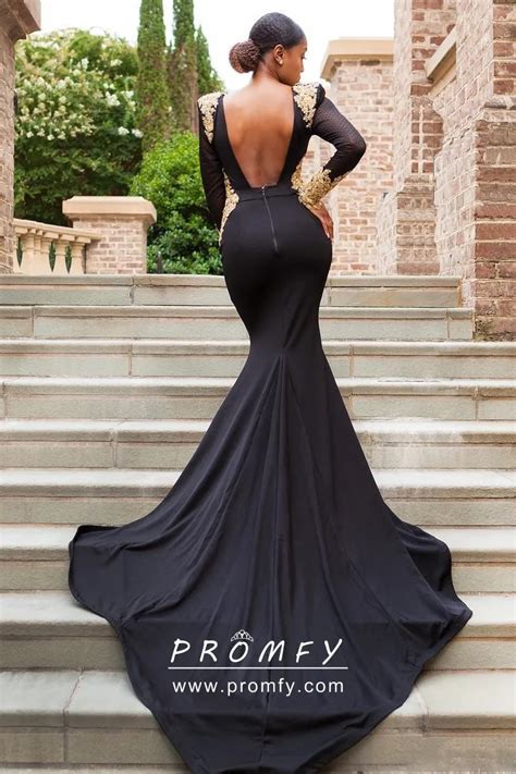 Gold Lace Appliqued Black Satin Mermaid Prom Dress Promfy