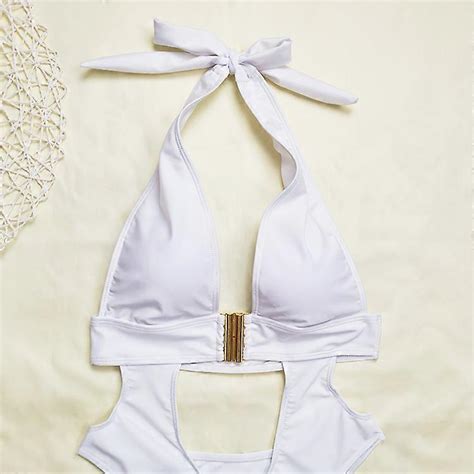 Women S Swimwear Solid Color One Piece Deep V Sexy Buckle Design Bikini