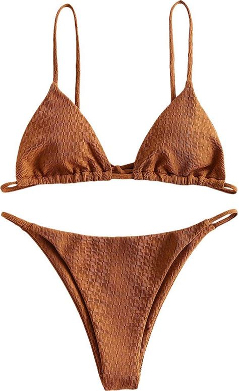 Zaful Womens Textured Tie String Bikini Swimwear Triangle Smocked