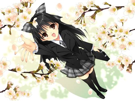 Black Hair Bow Brown Eyes Cherry Blossoms Flowers Kobayashi Chisato