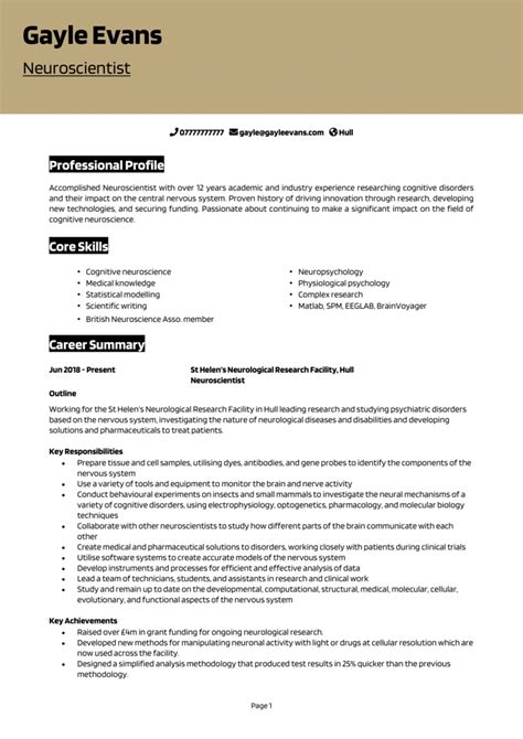 Neuroscience Cv Example Guide And Cv Template