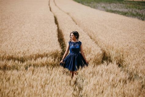 Free Picture Dress Blue Gorgeous Walking Pretty Girl Wheatfield Summer Wheat Field Girl