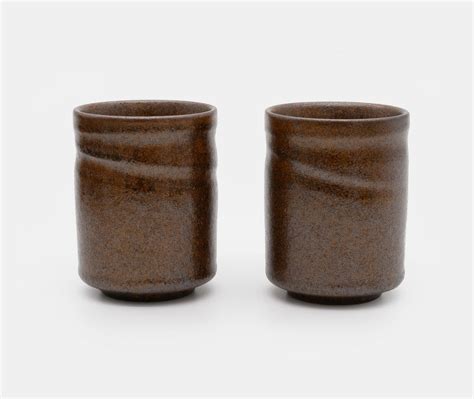 Japanese Ceramic Tea Cup Pair Brown Wabi Sabi Glaze Zen Minded