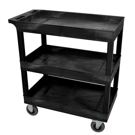 Luxor 18 In X 32 In 3 Tub Shelf Plastic Utility Cart With 5 In Semi Pneumatic Casters Black